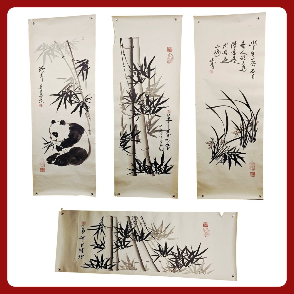 Gu Qingsha Chinese Ink Wash Painting Set 4 Panda Bamboo Orchid‎ Xieyi Signed